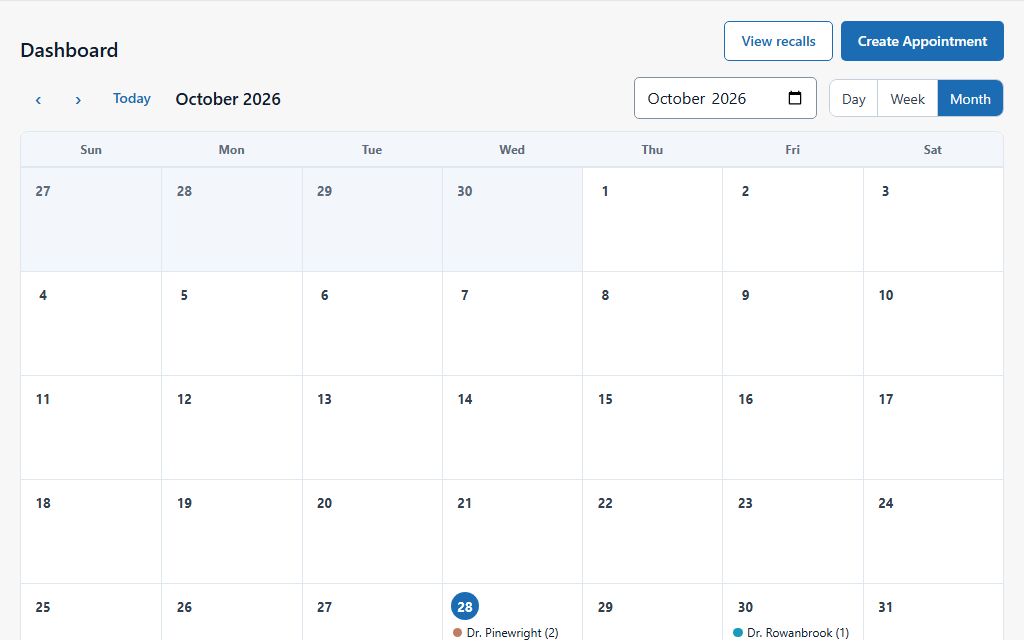 The month view of the DentalPro appointments calendar